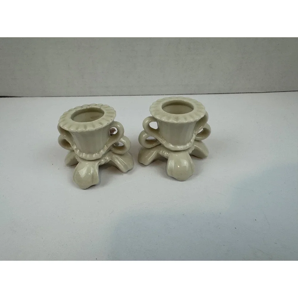 Vintage Ceramic Pink Rose Candle Holder Set Cottagecore Porcelain Taper Pair